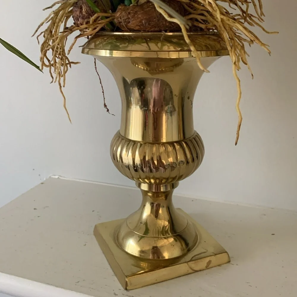 Brass pedestal vase calla Lilly arrangements dry‎ and faux greenery home decor